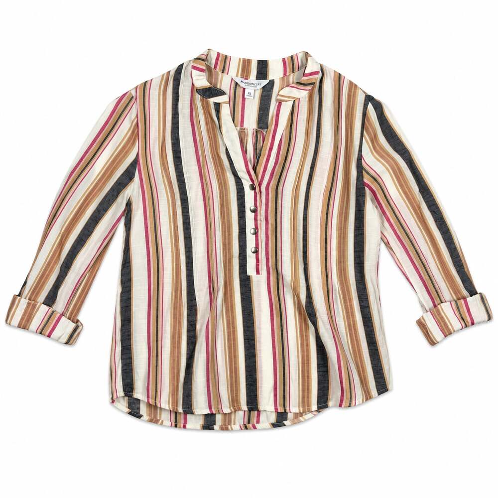 Madison Grey New York Petite Small Striped V-Neck Roll-Tab Sleeve Blouse